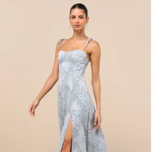 LIKE NEW- Lulu's Loveliest Looks Dusty Blue Floral Jacquard Tie-Strap Midi Dress